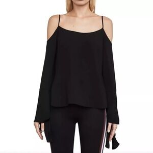BCBGMAXZARIA NICOLETTE COLD SHOULDERS RUFFLE BELL SLEEVE TOP SZ.XS Black Blouse